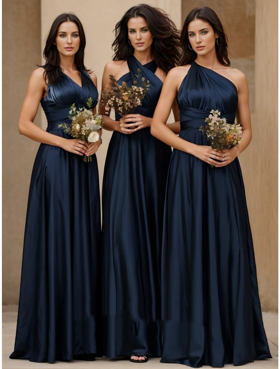 A-Line Bridesmaid Dress Halter Neck Sleeveless Elegant Floor Length Stretch Satin with Split Front / Ruchin