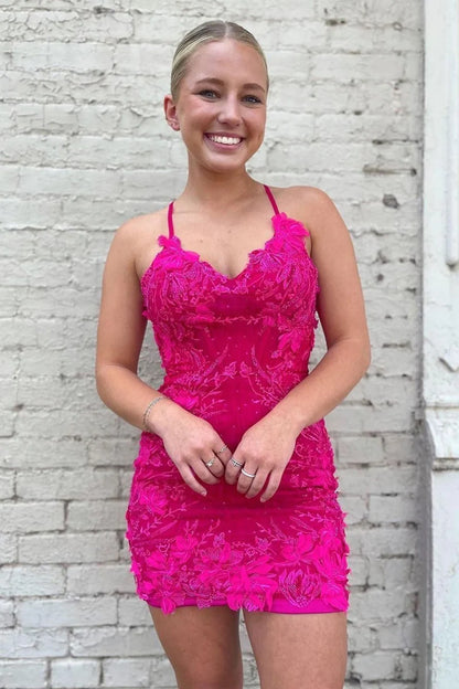 Hot Pink V Neck Bodycon Homecoming Dresses