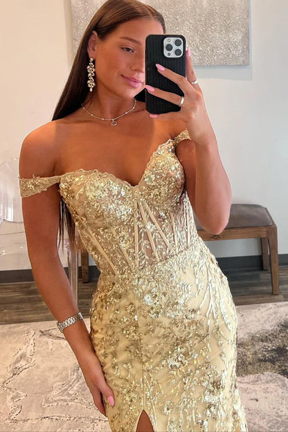 Gold Sequin Lace Off the Shoulder Mermaid Prom Dress