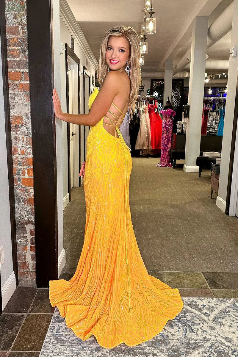 Yellow Strapless Sequins Mermaid Long Prom Dresses