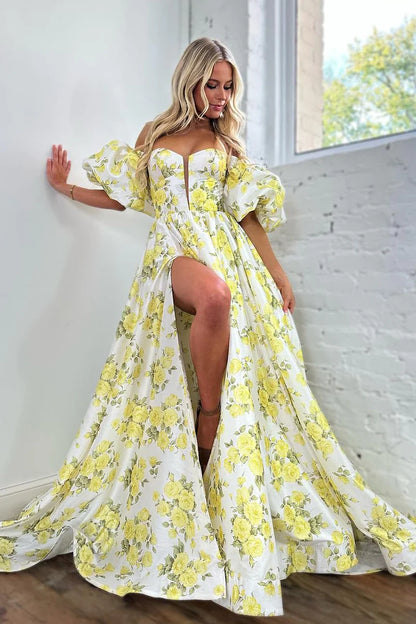 Chic A-Line Strapless Floral Print Satin Long Prom Dresses with Sleeves