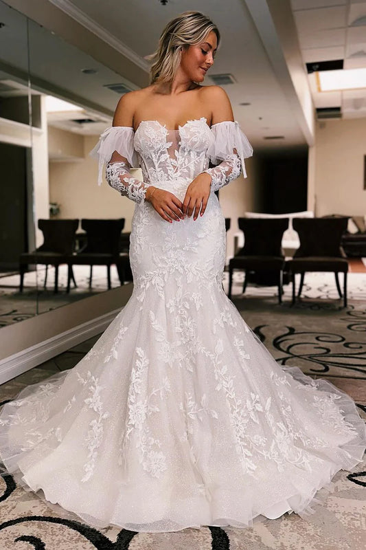 Mermaid Sweetheart White Tulle Wedding Dresses with Sleeves