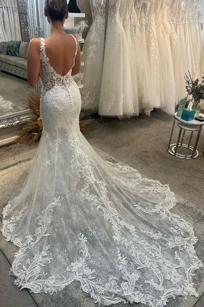 Gorgeous Mermaid Scoop Neck Lace Wedding Dresses