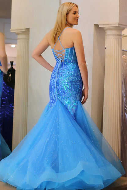 Blue Sequin Lace Sweetheart Mermaid Long Prom Dresses