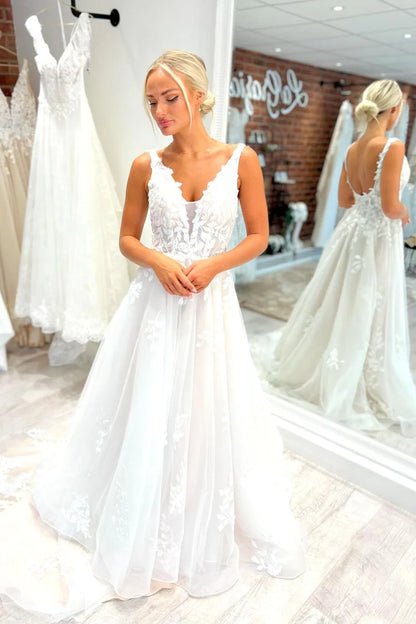 A-Line V Neck Tulle Appliques Wedding Dresses