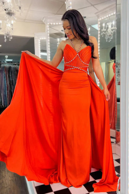 Orange Halter Beaded Long Prom Dresses with Train