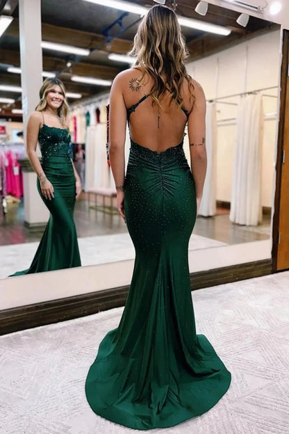 Sparkly Mermaid Dark Green Beaded Long Prom Dress with Appliques