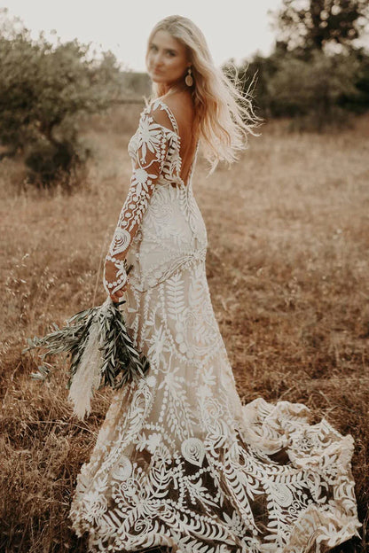 Unique Long Sleeves V Back Boho Beach Rustic Lace Wedding Dresses