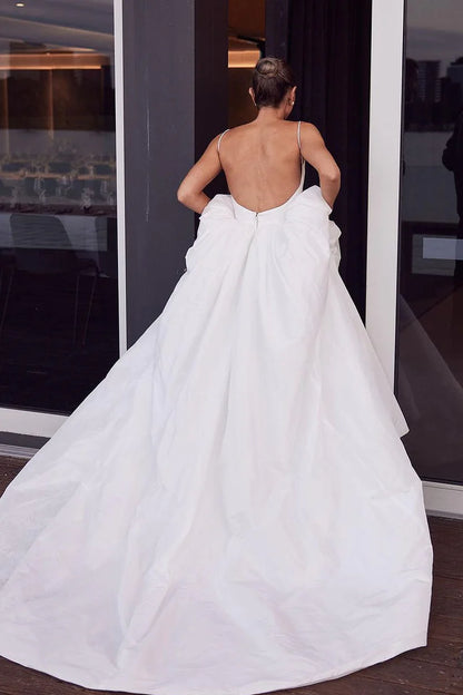 A-Line White Satin Spaghetti Straps Backless Wedding Dresses