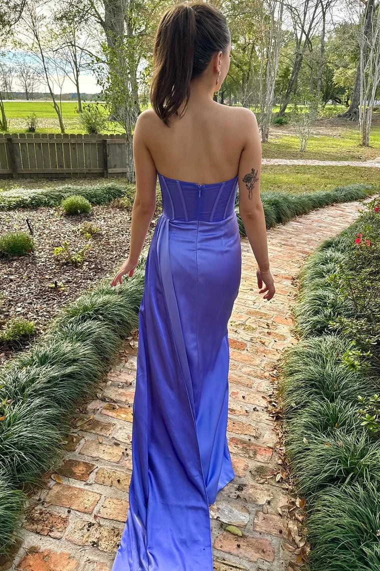 Periwinkle Strapless Pleated Prom Dress with Attached Train