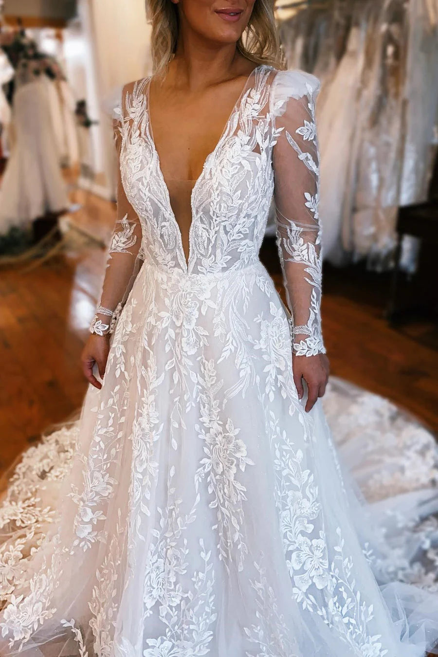 Ivory Appliques Plunge V Neck A-Line Long Wedding Dress with Long Sleeves