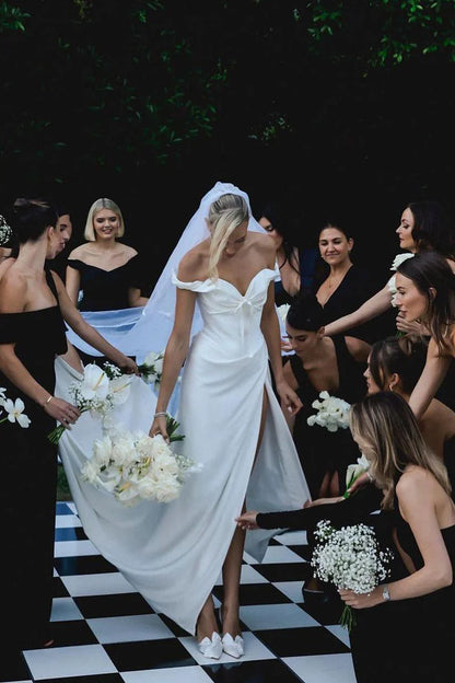 Simple Off the Shoulder White Satin Wedding Dresses