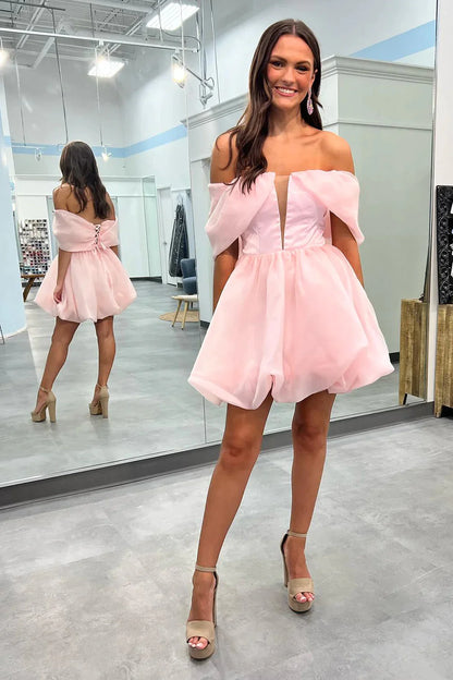 Simple Pink A-Line Off the Shoulder Short Homecoming Dress