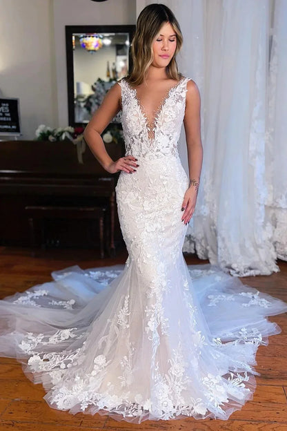 Mermaid Deep V Neck White Lace Wedding Dress with Sweep Train