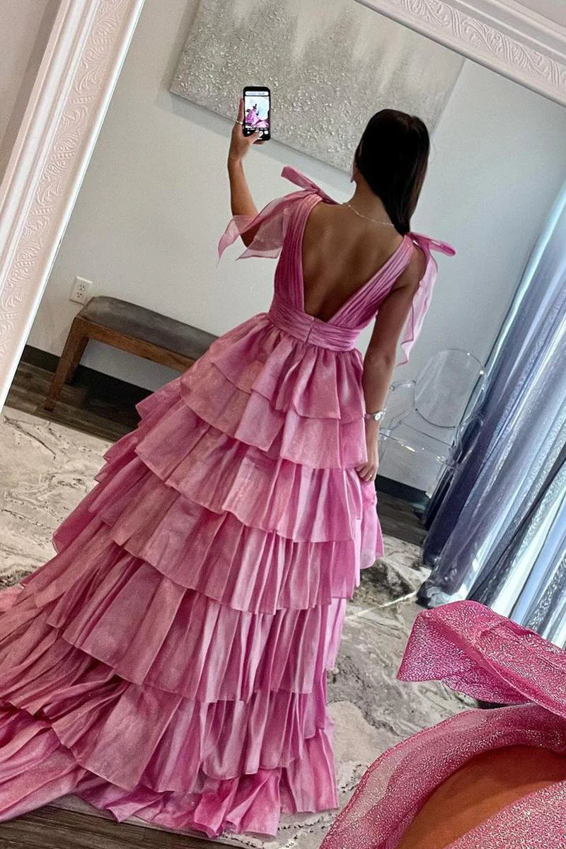 Pink V Neck Tiered Taffeta Long Prom Dresses with Bow