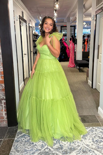 Sage Green Sweetheart Tulle Long Prom Dresses with Bow Tie