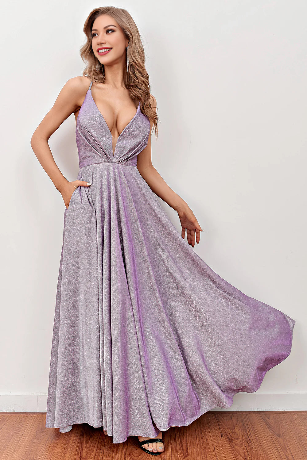 Lilac Deep V Neck Long Prom Dress with Cross Straps Evening Dress