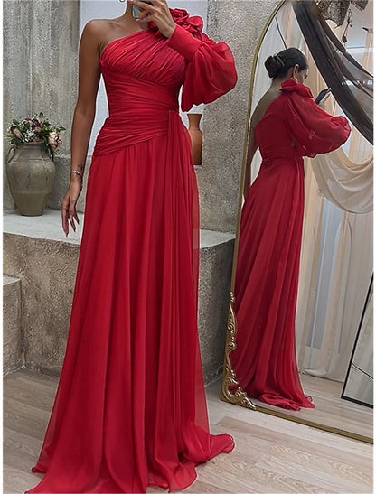 Women's Prom Dress Party Dress Wedding Guest Dress Long Dress Maxi Dress Red Long Sleeve Pure Color Ruched Spring Fall Winter One Shoulder Red Valentines Dress Valentine's Day Wedding Guest Evening