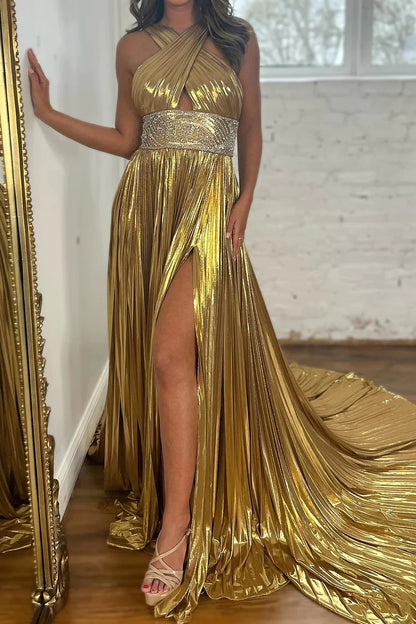 Glitter Golden A-Line Beaded Metallic Long Prom Dress with Slit