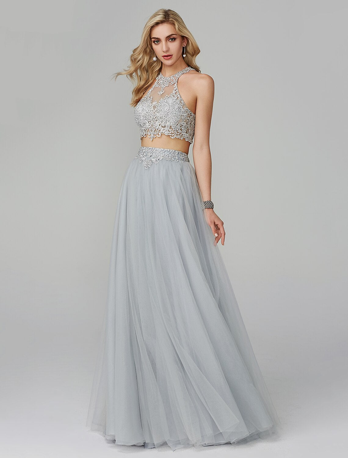 Two Piece Empire Dress Wedding Guest Prom Floor Length Sleeveless Halter Neck Lace with Appliques