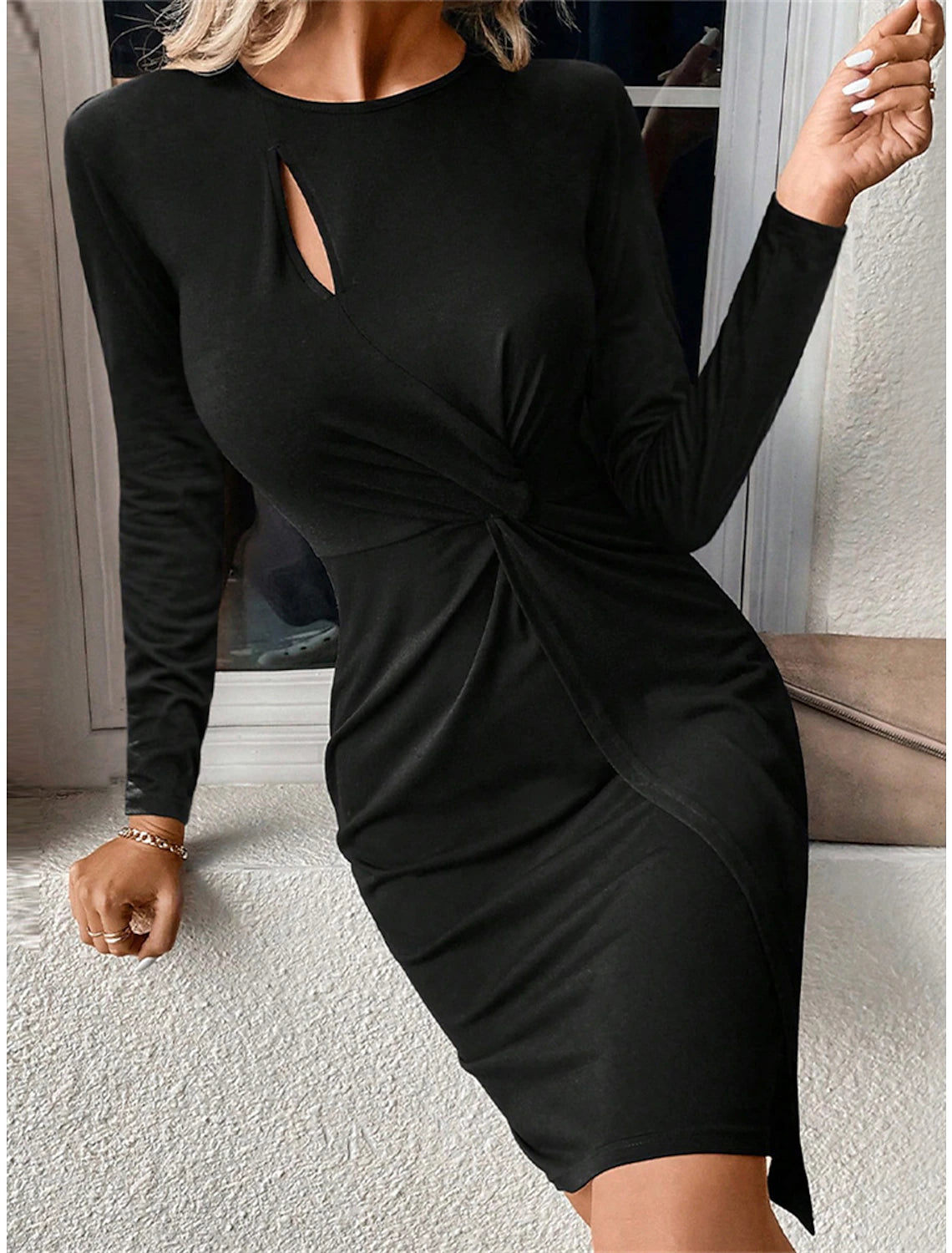 Women's Black Dress Party Dress Cocktail Dress Mini Dress Black Long Sleeve Pure Color Ruched Spring Fall Winter Crew Neck Fashion Winter Dress Wedding Guest Vacation