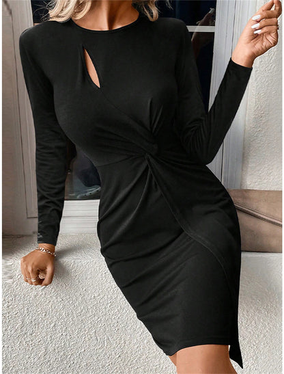 Women's Black Dress Party Dress Cocktail Dress Mini Dress Black Long Sleeve Pure Color Ruched Spring Fall Winter Crew Neck Fashion Winter Dress Wedding Guest Vacation