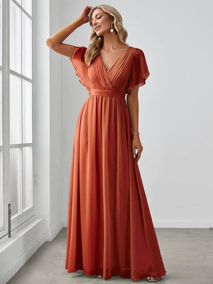 A-Line Pleated Chiffon Tie-Waist Evening Dress