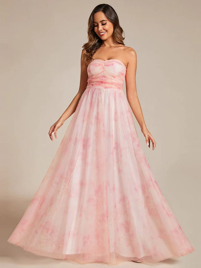 Floral Printed Empire Waist Strapless Formal Evening Dress with A-line