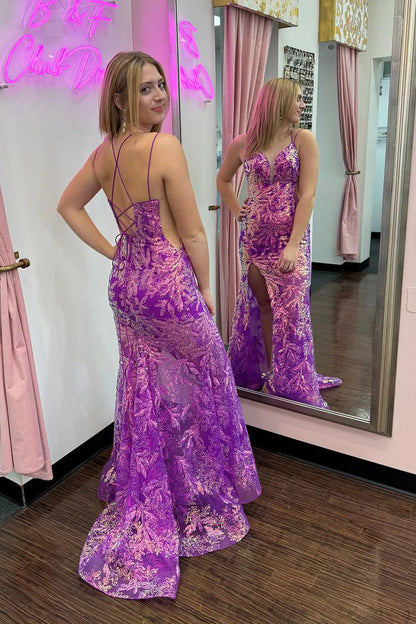 Purple Sequins Lace V Neck Mermaid Long Prom Dress with Slit