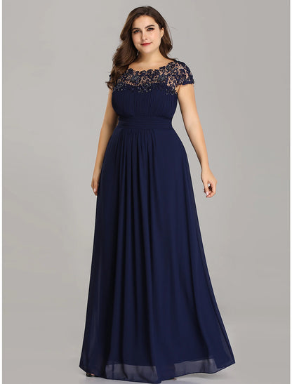 A-Line Mother of the Bride Dress Wedding Guest Plus Size Jewel Neck Floor Length Chiffon Short Sleeve with Lace Ruching Fall