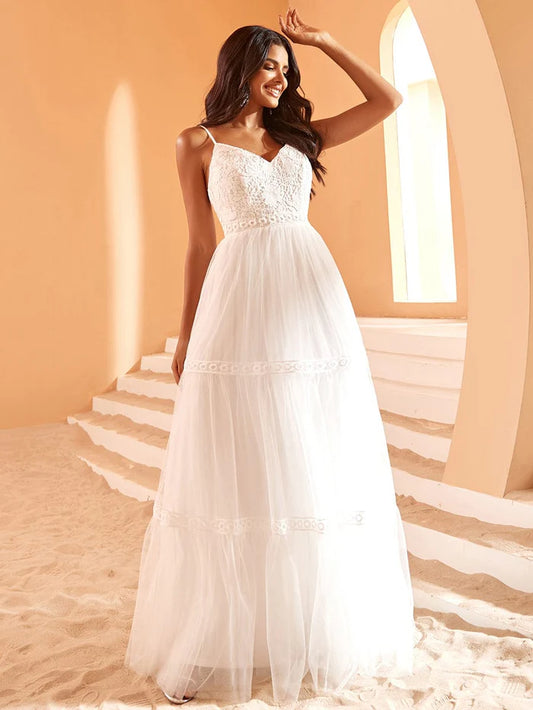 Spaghetti Strap Lace Embroidery A-Line Tulle Romantic Wedding Dress