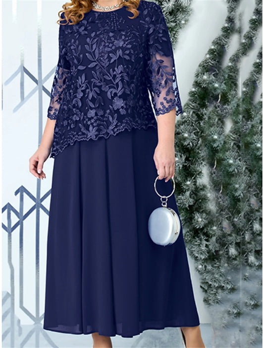 Women's Plus Size Party Dress Lace Dress Cocktail Dress Midi Dress Navy Blue 3/4 Length Sleeve Pure Color Lace Spring Fall Winter Crew Neck Fashion Winter Dress Wedding Guest Vacation