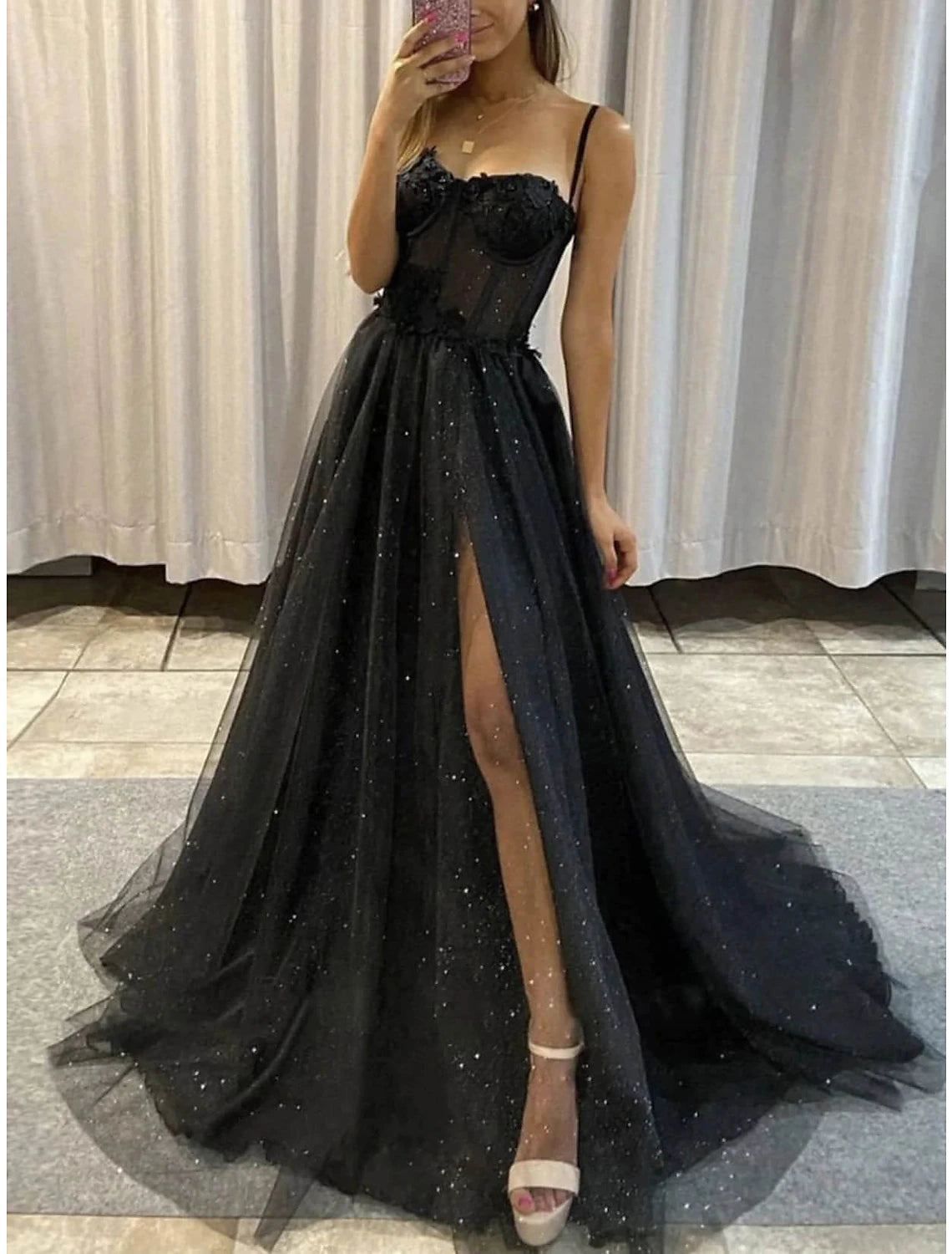 A-Line Prom Dresses Corsets Dress Wedding Floor Length Sleeveless Scoop Neck Tulle with Slit