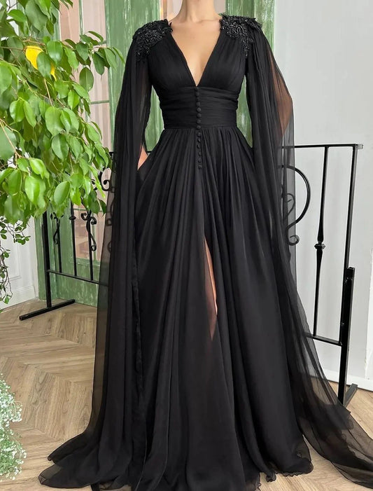 A-Line Evening Gown Sexy Dress Formal Wedding Guest Court Train Long Sleeve V Neck Wednesday Addams Family Chiffon with Buttons Slit Appliques