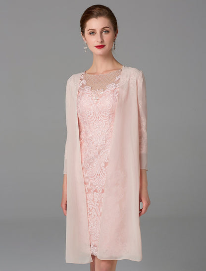 Two Piece Sheath / Column Mother of the Bride Dress Church Sparkle & Shine Jewel Neck Knee Length Chiffon Lace 3/4 Length Sleeve Jacket Dresses with Beading Appliques