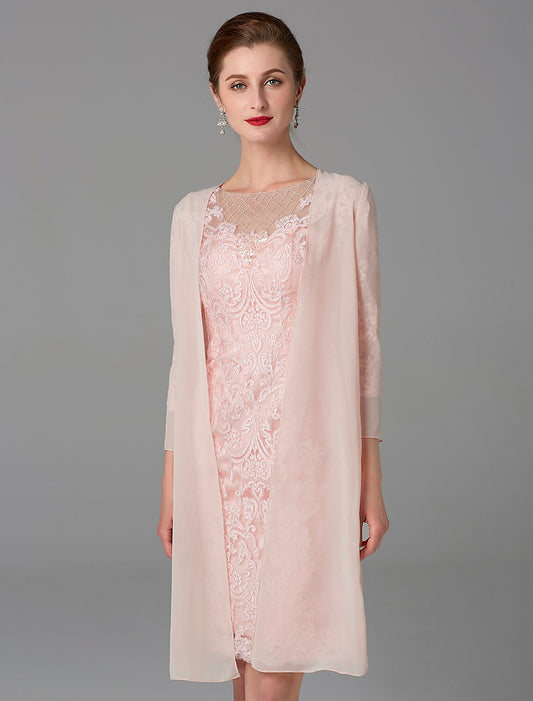 Two Piece Sheath / Column Mother of the Bride Dress Church Sparkle & Shine Jewel Neck Knee Length Chiffon Lace 3/4 Length Sleeve Jacket Dresses with Beading Appliques