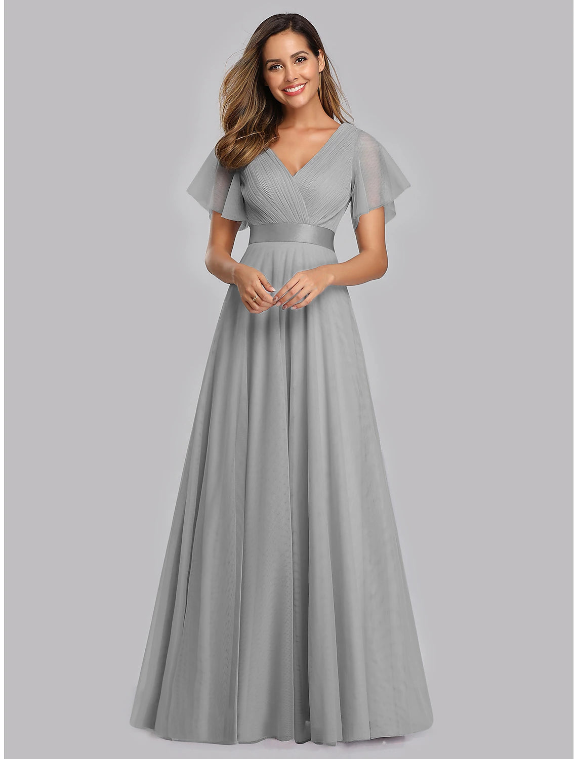 A-Line Empire Wedding Guest Prom Dress V Neck V Back Short Sleeve Floor Length Chiffon with Pleats Ruche