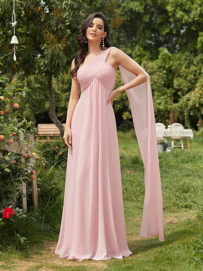 Pleated One Shoulder Long Chiffon Formal Evening Dress