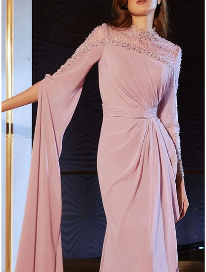 A-Line Evening Gown Elegant Dress Formal Sweep / Brush Train Long Sleeve Jewel Neck Chiffon with Pleats Sequin