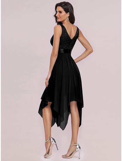 A-Line Cocktail Dresses Party Dress Homecoming Wedding Guest Asymmetrical Sleeveless V Neck Chiffon V Back with Pure Color Splicing