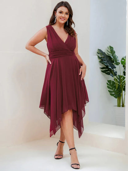 Plus Size Double V Neck Cocktail Dresses Ruched-Waist Midi Chiffon Bridesmaid Dress