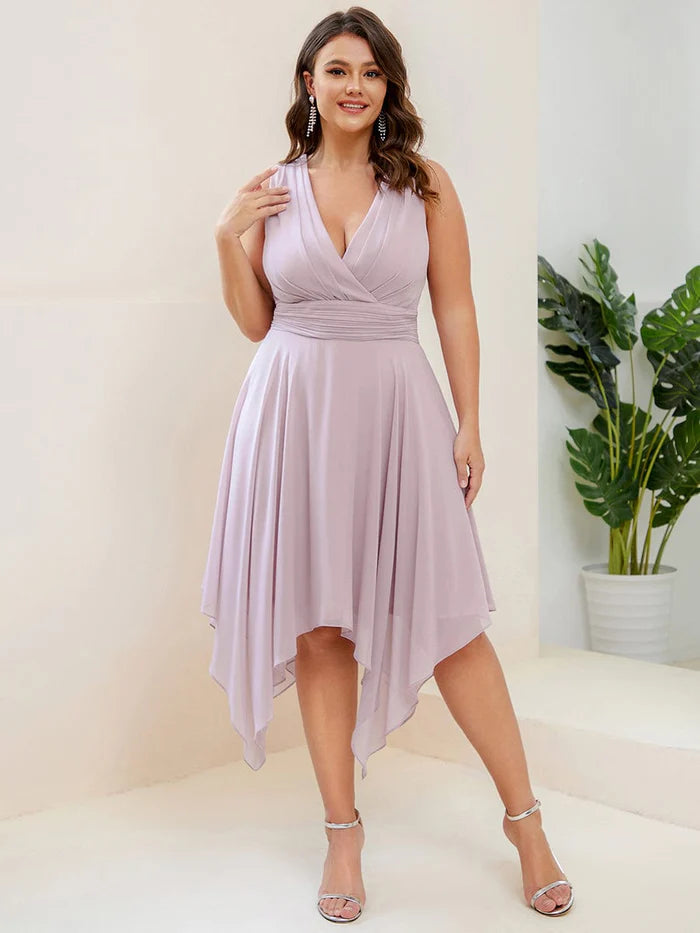 Plus Size Double V Neck Cocktail Dresses Ruched-Waist Midi Chiffon Bridesmaid Dress