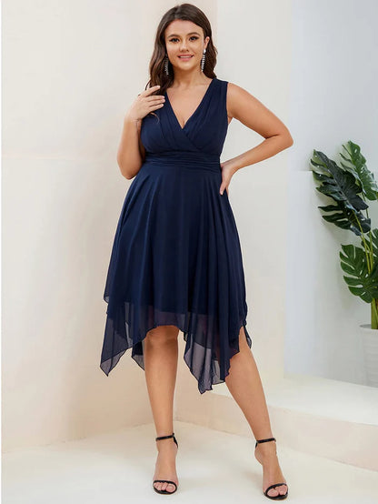 Plus Size Double V Neck Cocktail Dresses Ruched-Waist Midi Chiffon Bridesmaid Dress