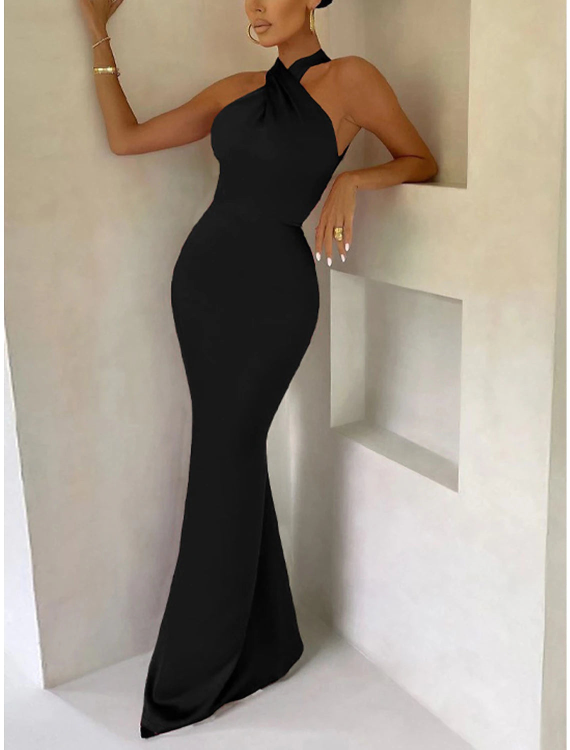 Women‘s Black Dress Prom Dress Party Dress Bodycon Sheath Dress Long Dress Maxi Dress Brown Green Sleeveless Backless Spring Halter Neck Fashion Evening Party Slim