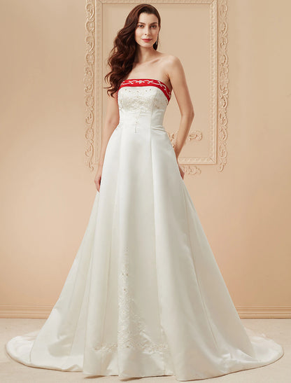 Open Back Wedding Dresses Sweep / Brush Train Ball Gown Strapless Strapless Satin With Embroidery Appliques  Bridal Gowns