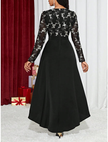 Women‘s Black Dress Prom Dress Party Dress Long Dress Maxi Dress Black Long Sleeve Lace Spring Fall Winter V Neck Fashion Wedding Guest Evening Party Black Cocktail Dress