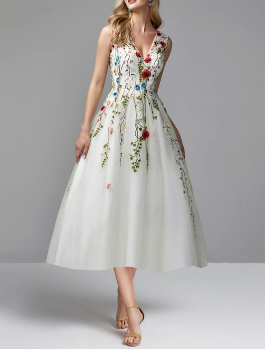 A-Line Prom Dresses Floral Dress Wedding Guest Party Wear Tea Length Sleeveless V Neck Lace with Embroidery Appliques