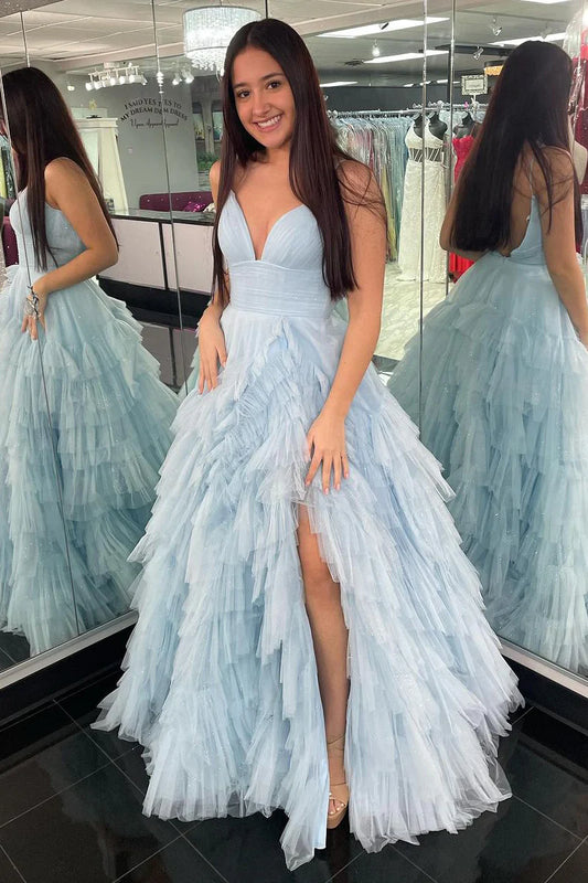 Light Blue Spaghetti Straps Tiered Tulle Long Prom Dresses