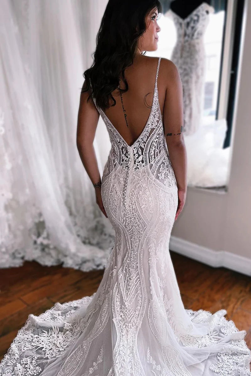 Mermaid V Neck Ivory Lace Wedding Dresses