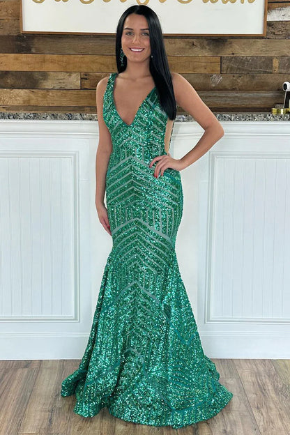 Dark Green Sequins Mermaid V Neck Long Prom Dress with Detachable Train